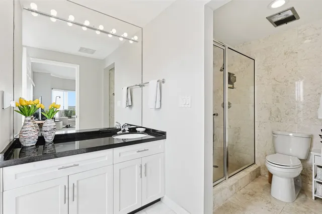 a bathroom with a granite countertop sink a toilet and a mirror