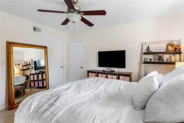 a bedroom with a bed and a flat screen tv