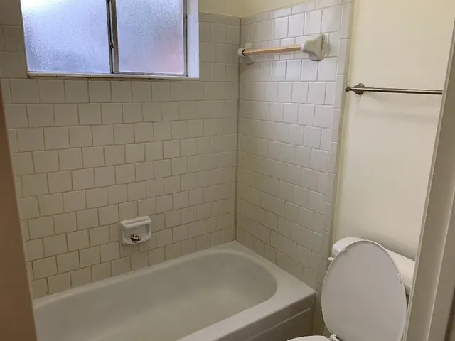 a bathroom with a bathtub and shower