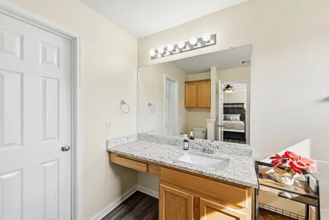 a bathroom with a sink and a mirror