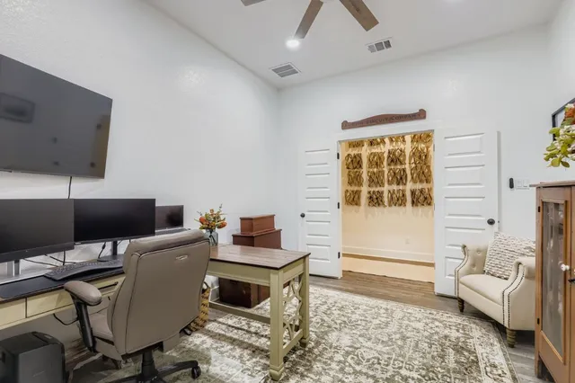 a workspace with furniture