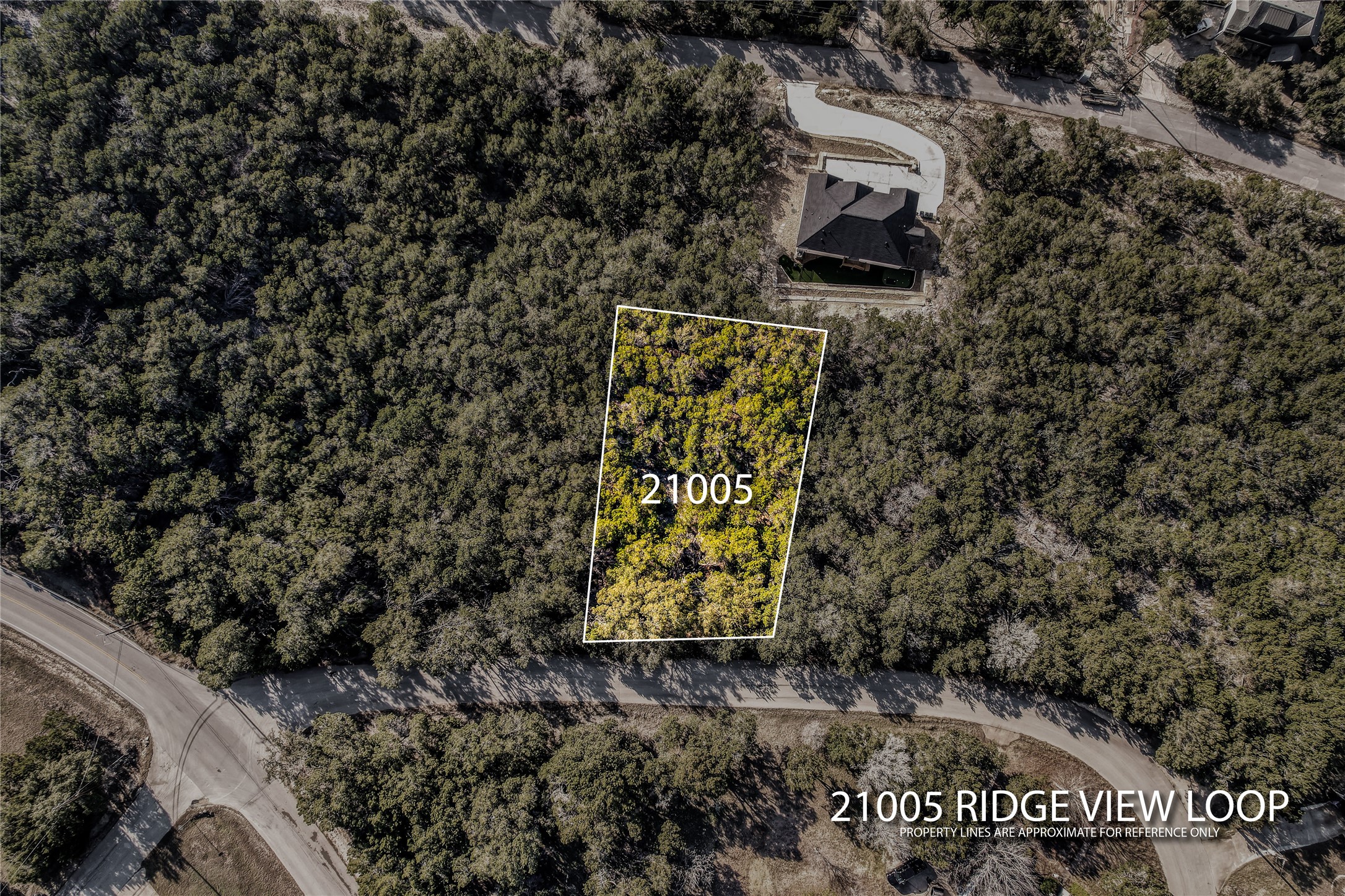 21003 Ridgeview Loop Lago Vista, TX 78645 - Photo 7 of 22 Aerial view of property and surrounding area featuring property boundaries highlighted
