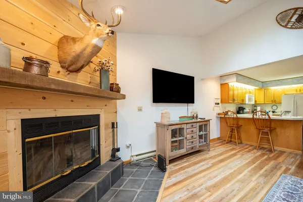a living room with a flat screen tv and a fireplace