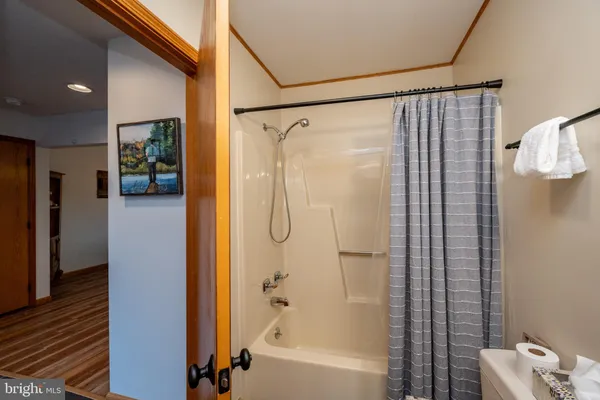 a bathroom with a shower and a bath tub