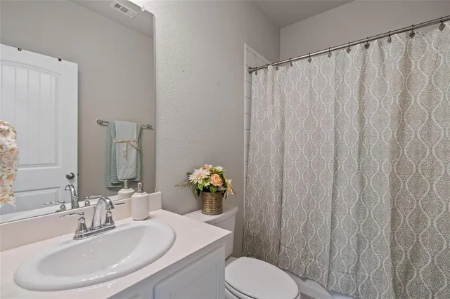 a bathroom with a sink vanity and a toilet
