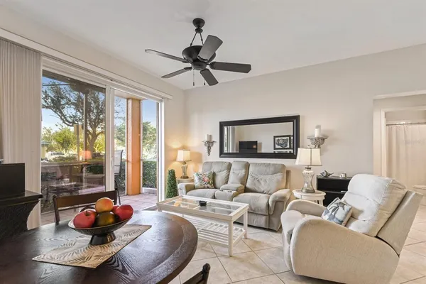 a living room with furniture and a large window