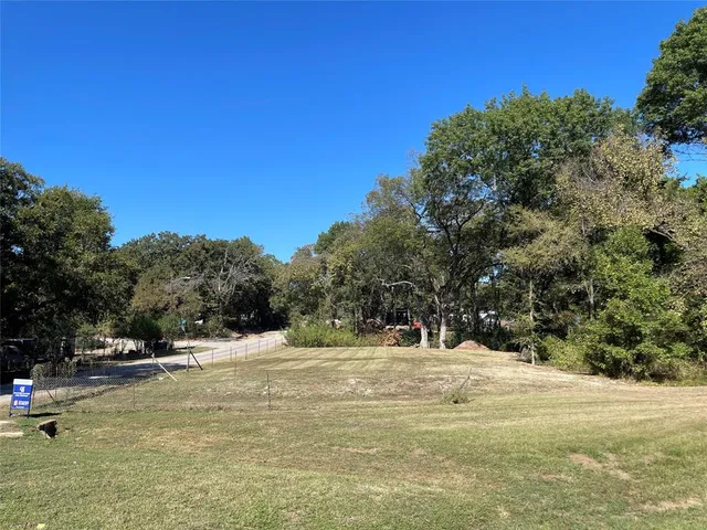 a view of road with large trees
