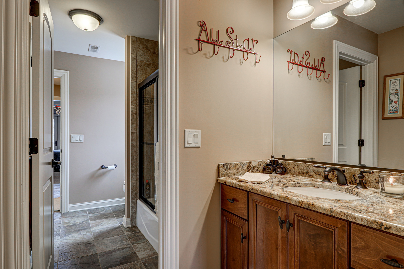 N491 Peter Road Winfield, IL 60190 - Photo 36 of 46 a bathroom with a granite countertop sink and a mirror