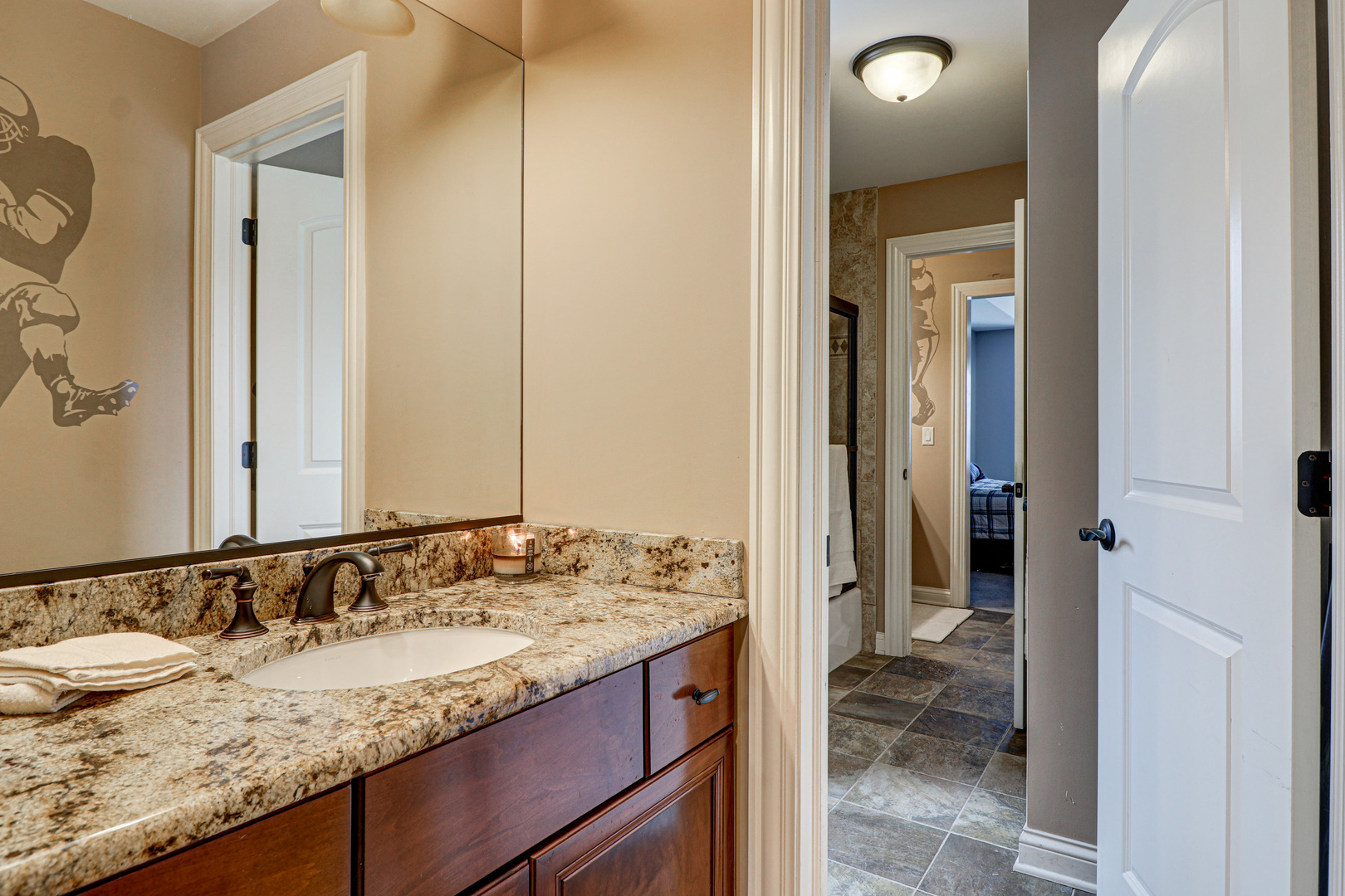 N491 Peter Road Winfield, IL 60190 - Photo 37 of 46 a bathroom with a granite countertop sink and a mirror
