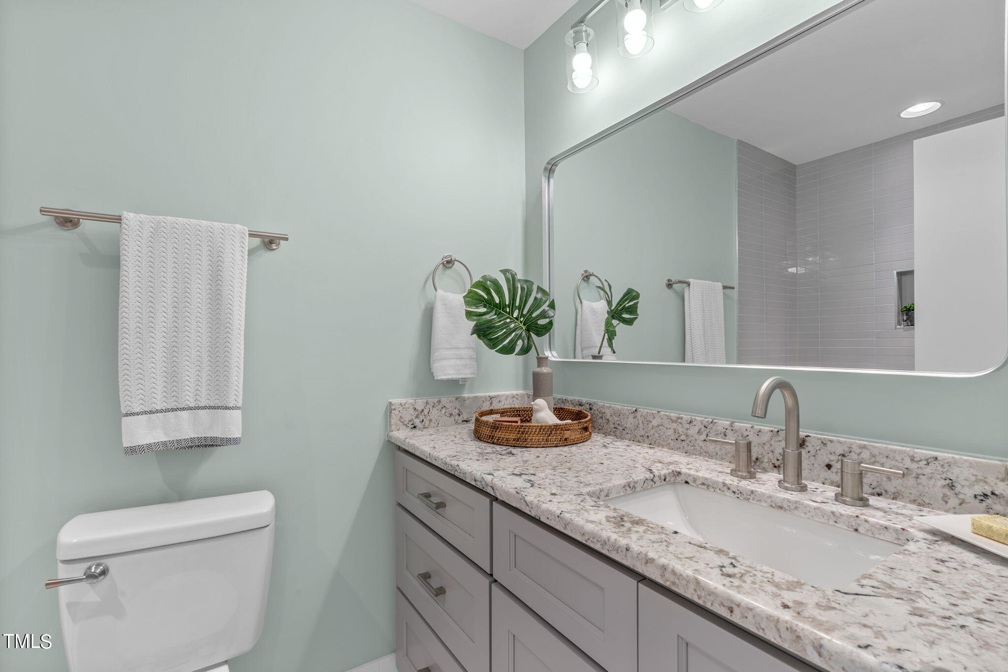 612 Delany Drive Raleigh, NC 27610 - Photo 34 of 45 a bathroom with a granite countertop sink and a mirror