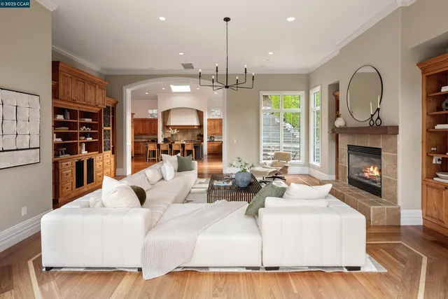 a living room with furniture a fireplace and a chandelier