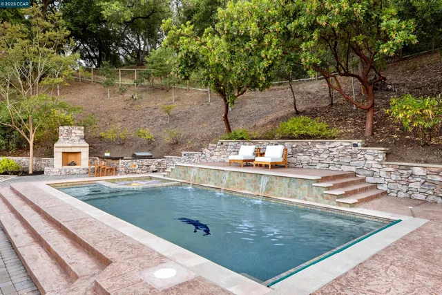 a view of a swimming pool with a yard