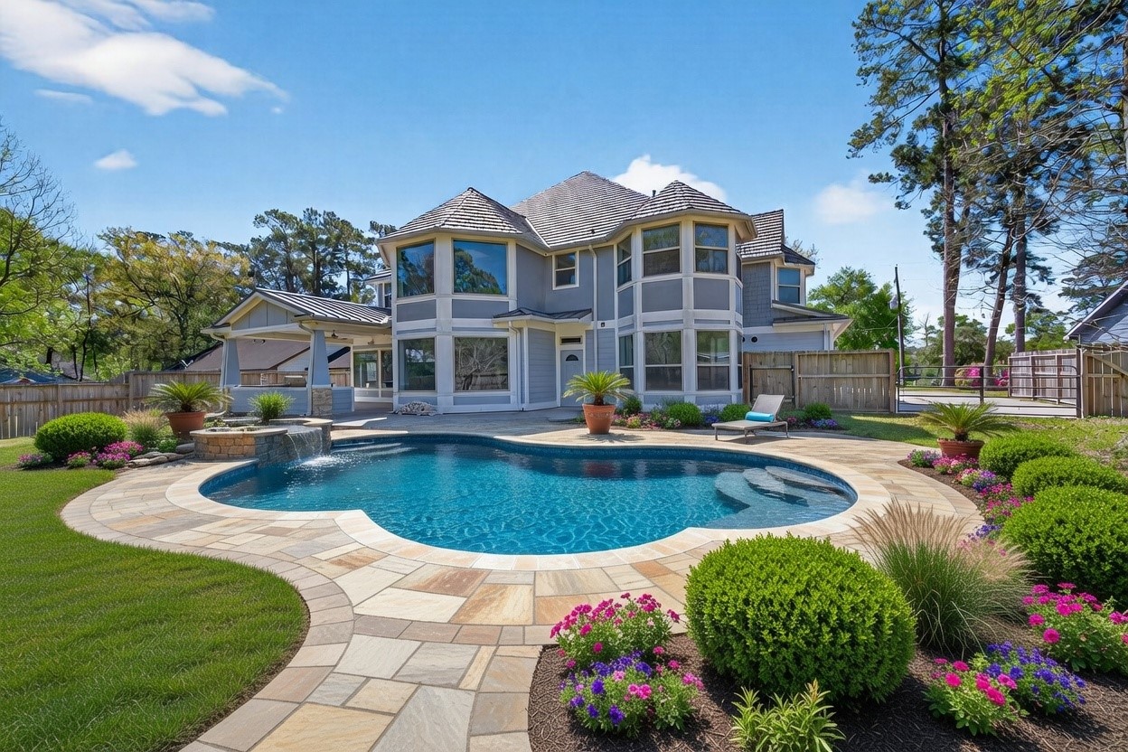 2504 Southline Road Conroe, TX 77384 - Photo 26 of 26 a view of a house with swimming pool and sitting area