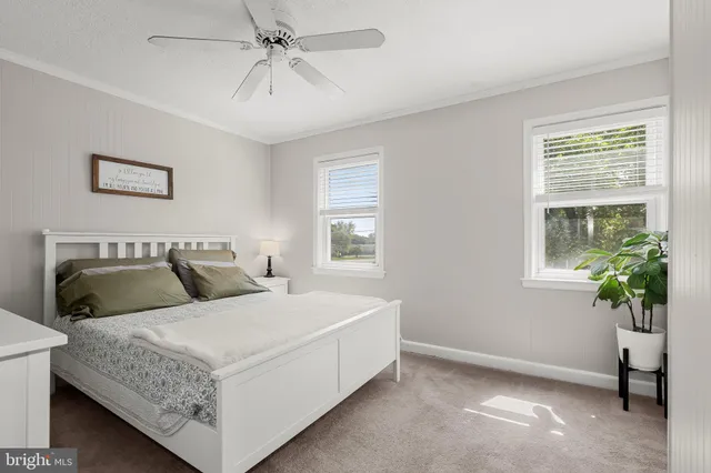 a bedroom with a bed and potted plant