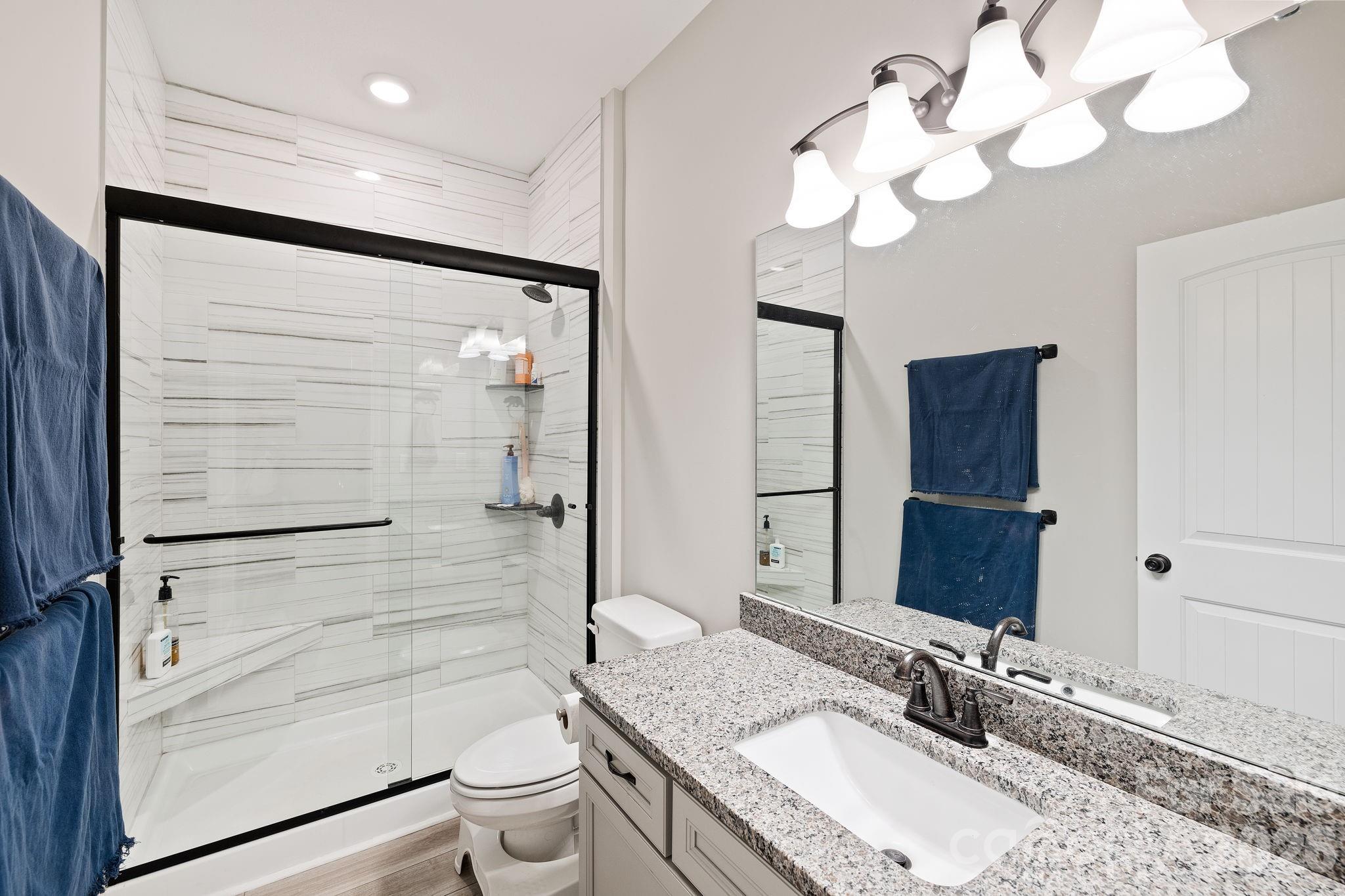 771 Sally Gap Road Old Fort, NC 28762 - Photo 16 of 44 a bathroom with a granite countertop sink a toilet and a mirror