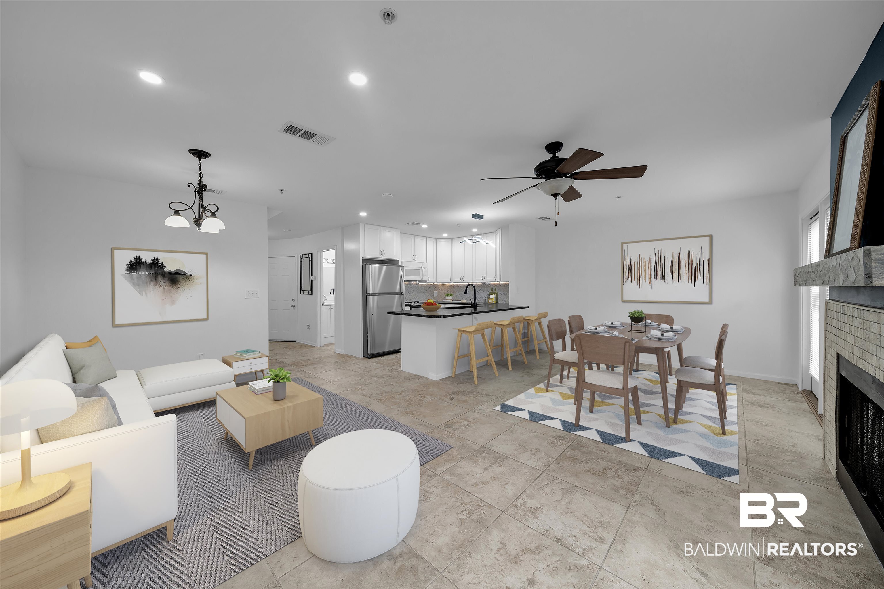 1517 Regency Road, Unit 142 Gulf Shores, AL 36542 - Photo 6 of 49 Living area featuring recessed lighting, a brick fireplace, light tile patterned floors, and a ceiling fan