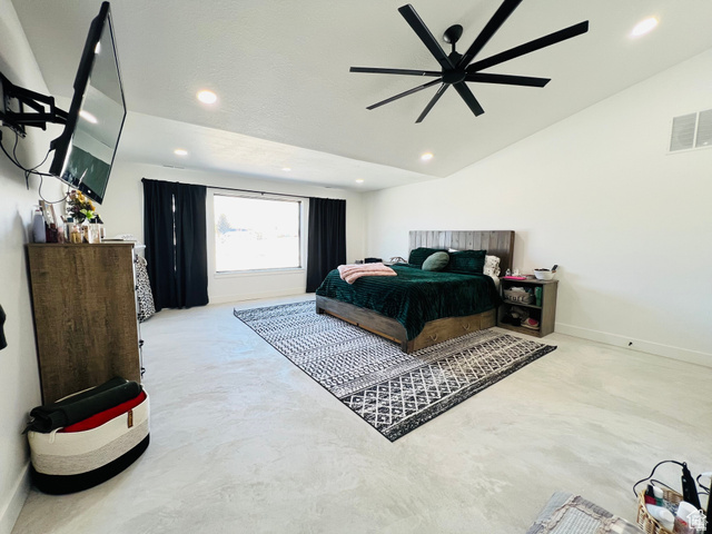 100 Whit Lane Georgetown, ID 83239 - Photo 43 of 76 Bedroom featuring ceiling fan, concrete flooring, and lofted ceiling