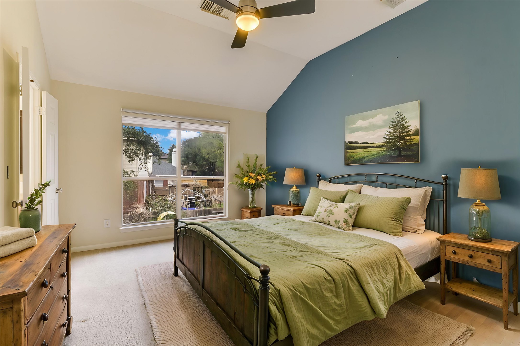 2218 Equestrian Trail Austin, TX 78727 - Photo 25 of 39 Virtually Staged: Bedroom with vaulted ceiling and ceiling fan