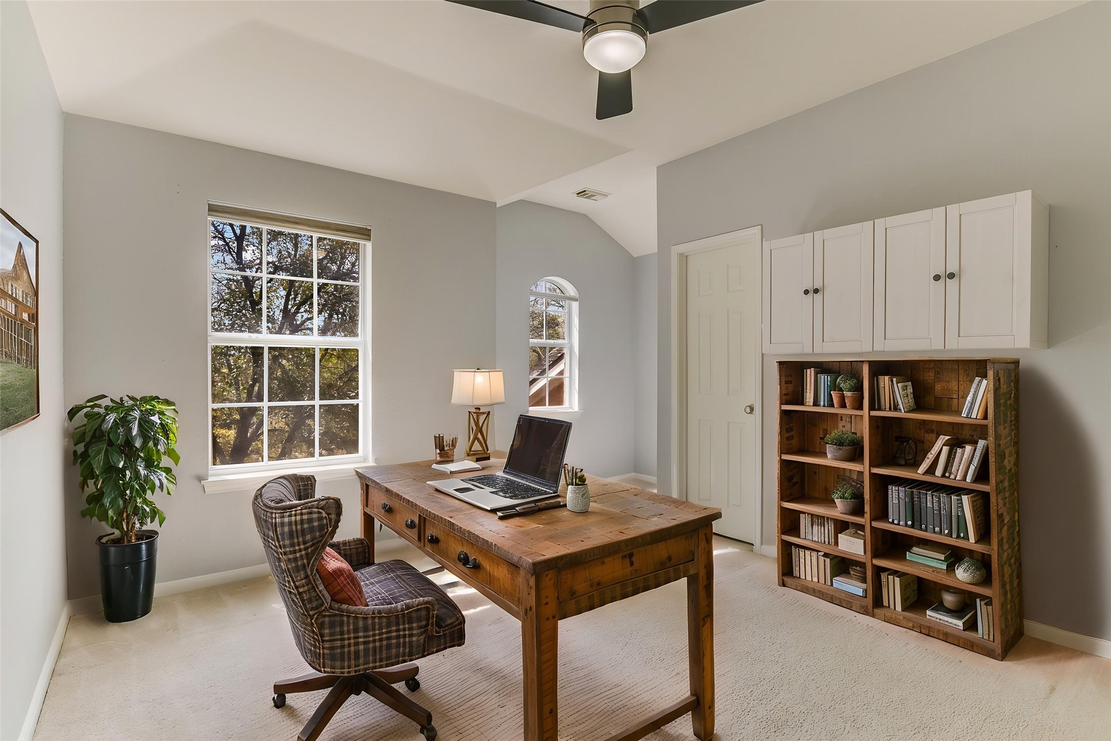 2218 Equestrian Trail Austin, TX 78727 - Photo 30 of 39 Virtually Staged: Office with light colored carpet, lofted ceiling, and a ceiling fan