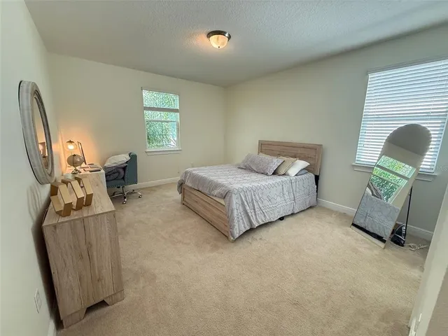 a spacious bedroom with a bed and a cabinets