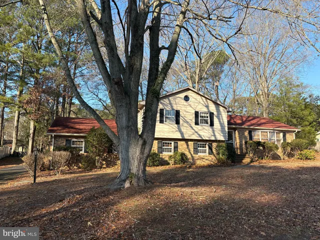a backyard of a house with large trees and outdoor seating