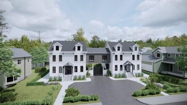 a view of a big house with a big yard and potted plants