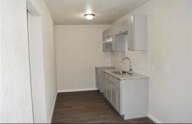 a room with a sink and a stove top oven