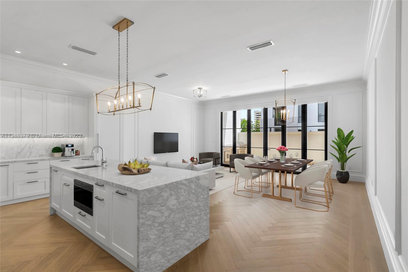 a large kitchen with kitchen island a stove a table a sink and a couch