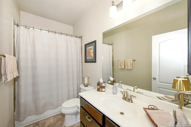 a bathroom with a sink a toilet and shower curtain