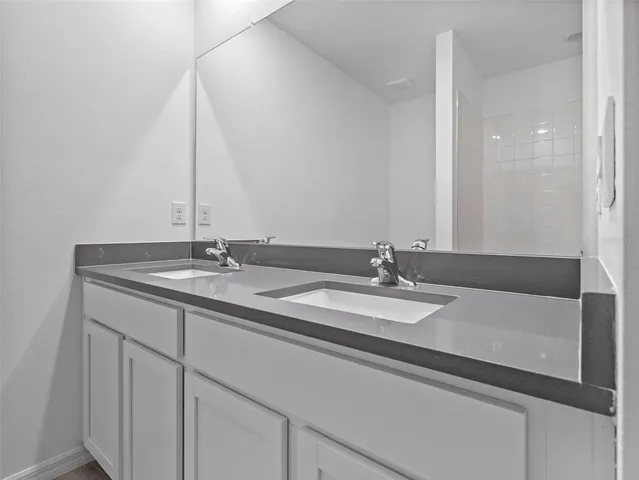 a bathroom with a sink and a mirror