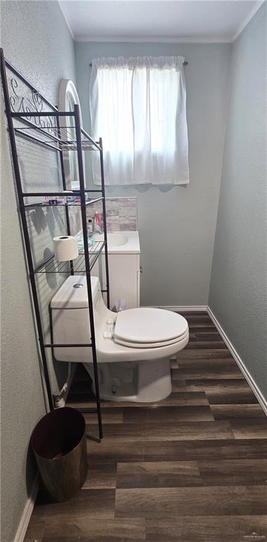189 Midway Road Rio Grande City, TX 78582 - Photo 12 of 20 Bathroom featuring a white toilet, single vanity with integrated sink, and wood-finish flooring