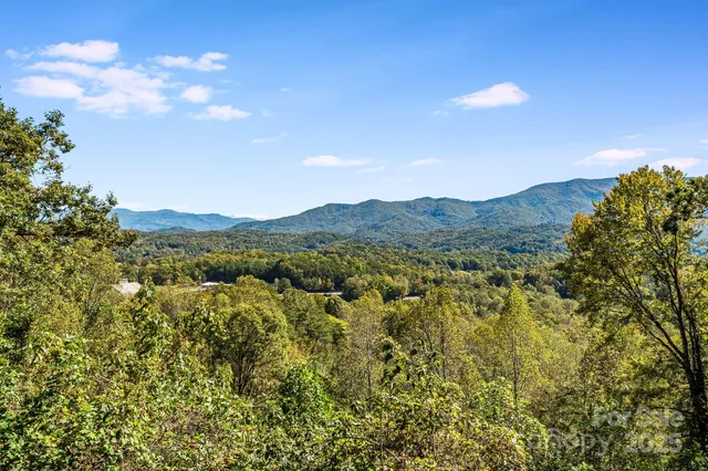 a view of a mountain range with lush green forest