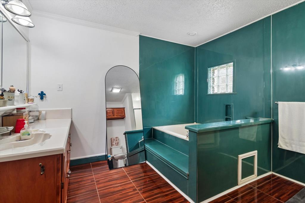 3007 McReynolds Road Sanger, TX 76266 - Photo 11 of 39 Bathroom featuring a vanity with an integrated sink, wood-finish flooring, a built-in tub, glass block windows, and teal wall paneling