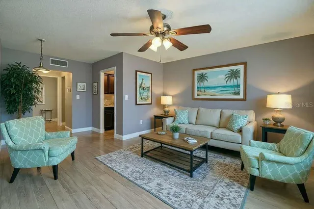 a living room with furniture a ceiling fan and a rug