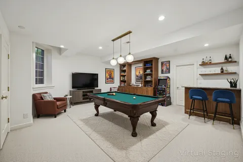 a view of a dining room with furniture