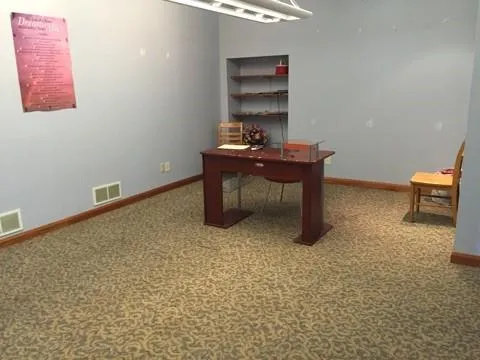 a room with a bench and a potted plant