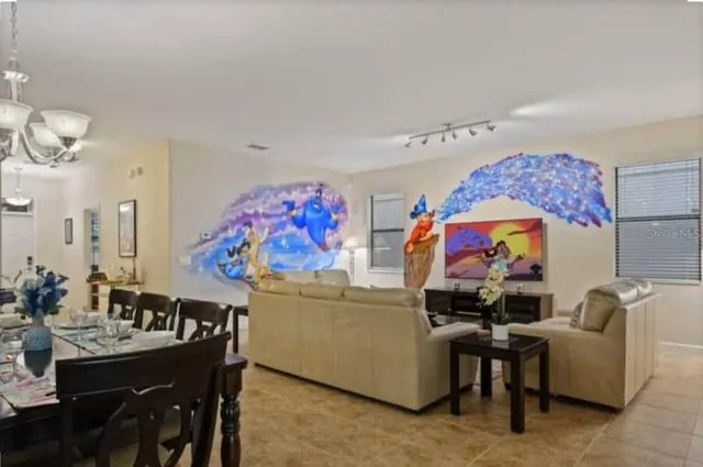 a dining room with furniture