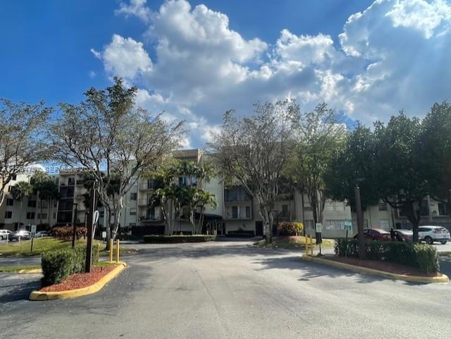 a view of a park with large trees
