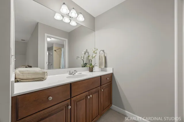 a bathroom with a sink and a mirror
