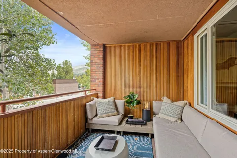 a balcony with furniture and a potted plant