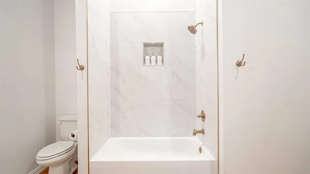 a bathroom with a bathtub and a toilet