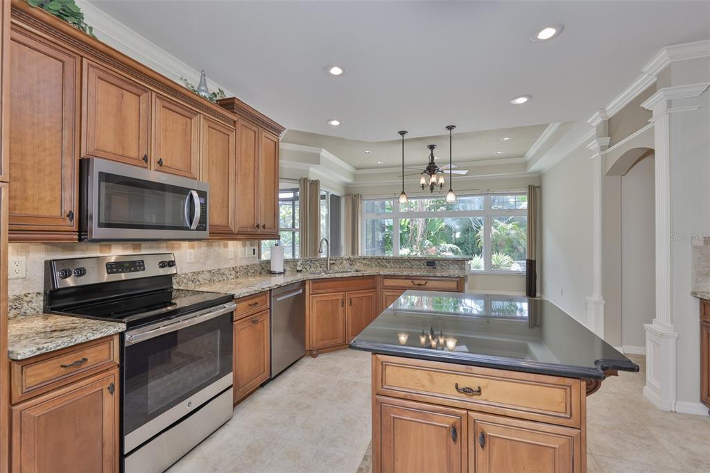 1107 Opal Lane Sun City Center, FL 33573 - Photo 18 of 72 a kitchen with stainless steel appliances granite countertop a stove a sink and a microwave
