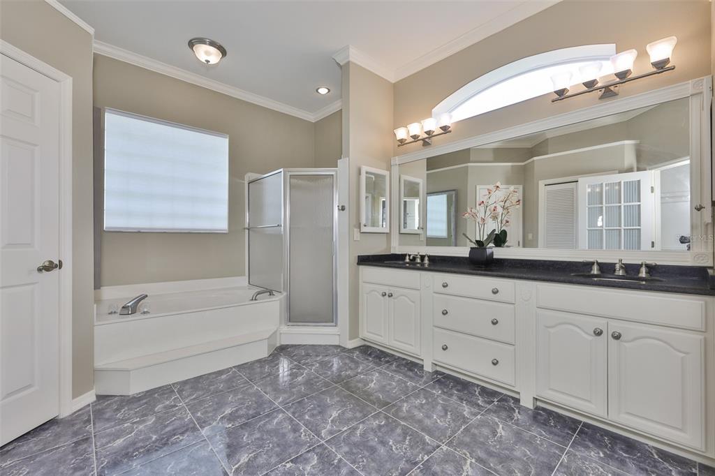 1107 Opal Lane Sun City Center, FL 33573 - Photo 33 of 72 a spacious bathroom with a granite countertop sink a toilet a mirror and bathtub