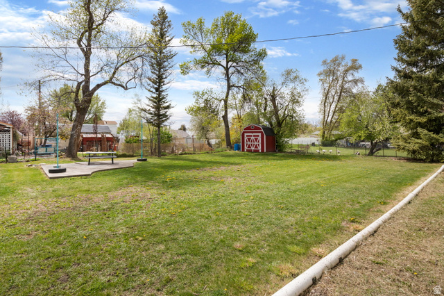 141 South 400 East Logan, UT 84321 - Photo 32 of 41 Fenced backyard with a storage unit