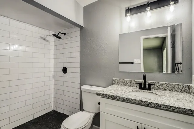 a bathroom with a granite countertop sink a toilet and shower