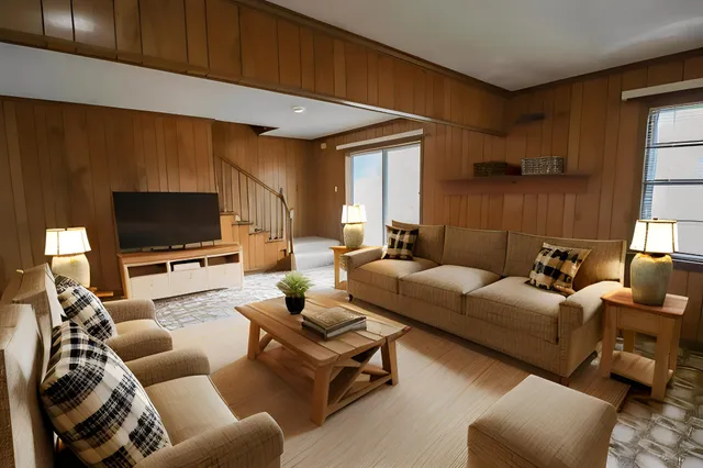 a kitchen with stainless steel appliances a refrigerator and wooden cabinets