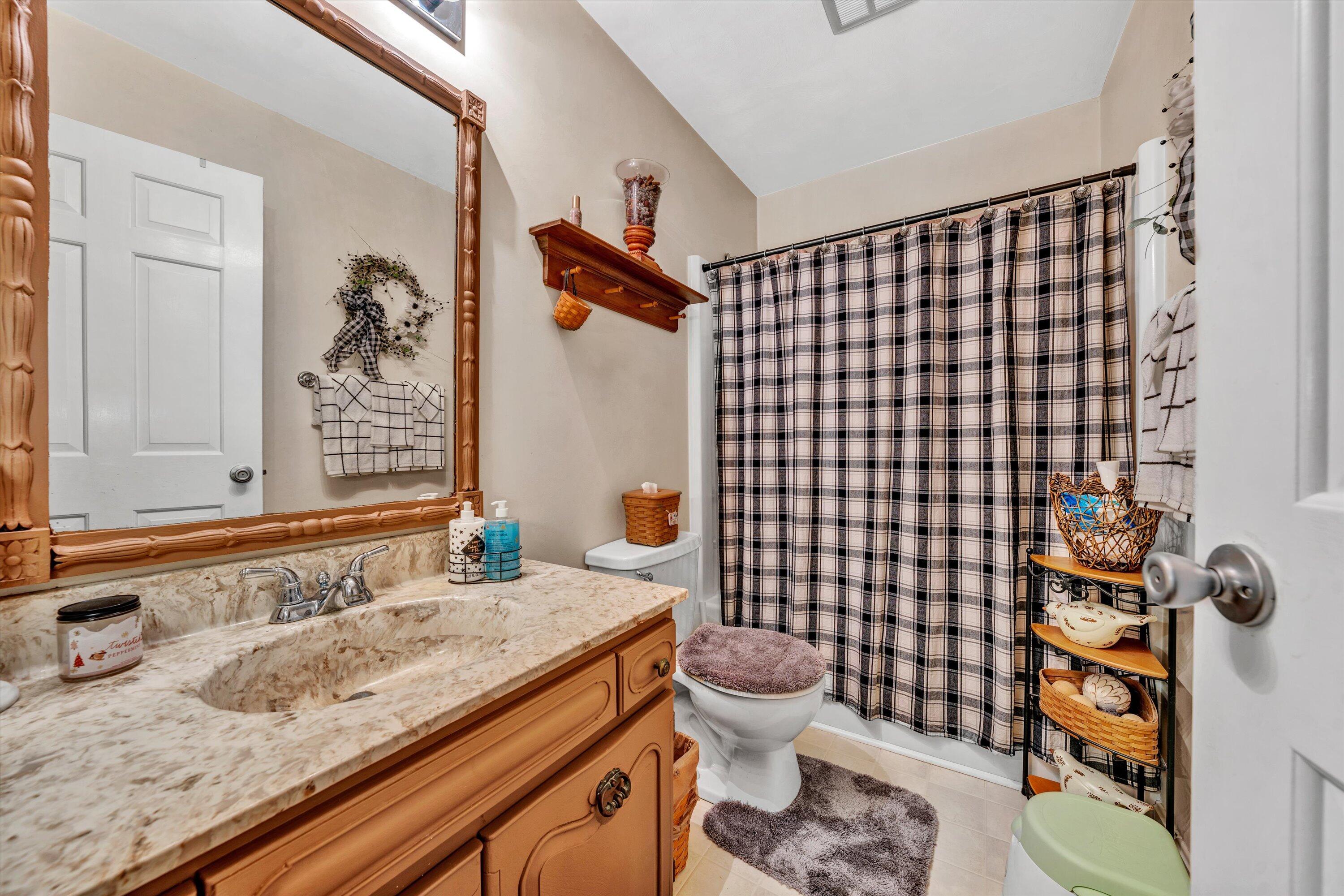 87 Queen Regent Court Blue Ridge, VA 24064 - Photo 17 of 38 a bathroom with a granite countertop sink toilet and shower