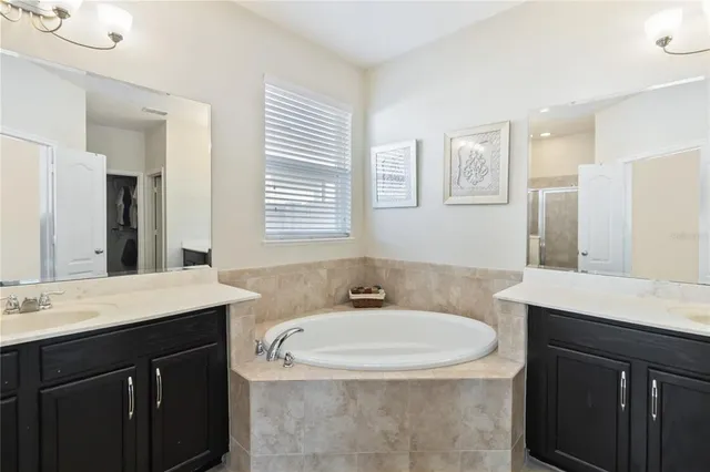 a bathroom with a tub a sink and mirror