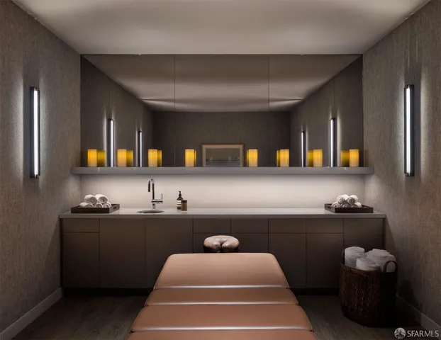 a spacious bathroom with a double vanity sink and a mirror