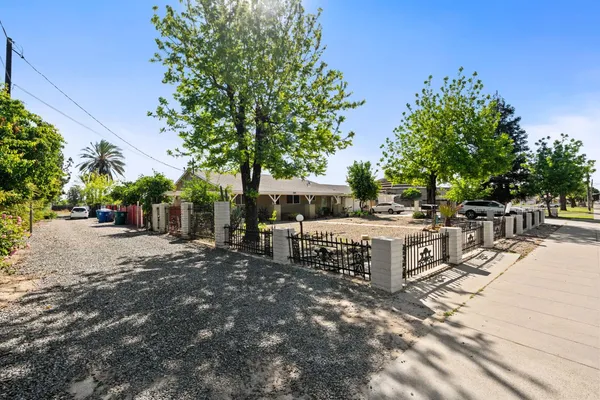 a view of a patio with table and chairs potted plants and a large tree